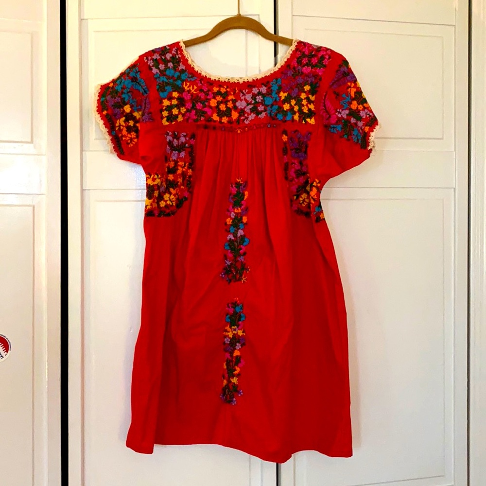 Traditional Mexican hand embroidered cotton dress
